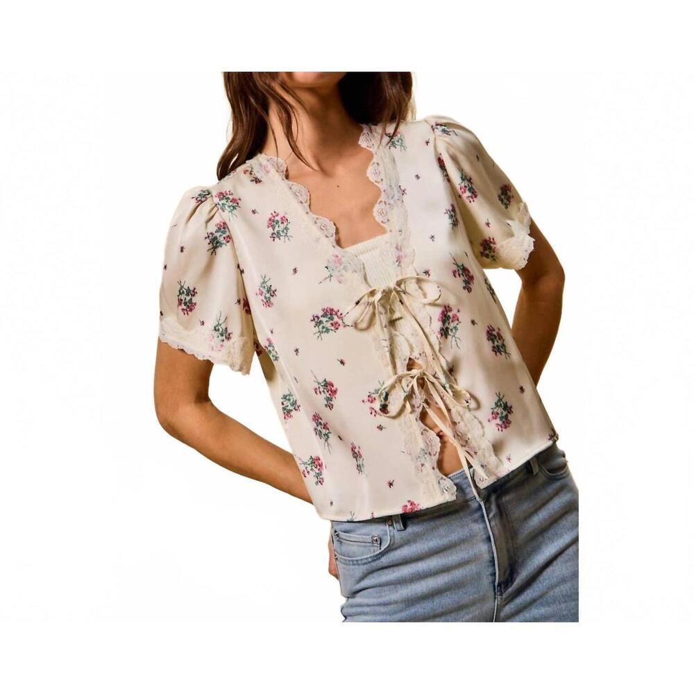 NEW SO ME rose satin tie front floral blouse in ivory
